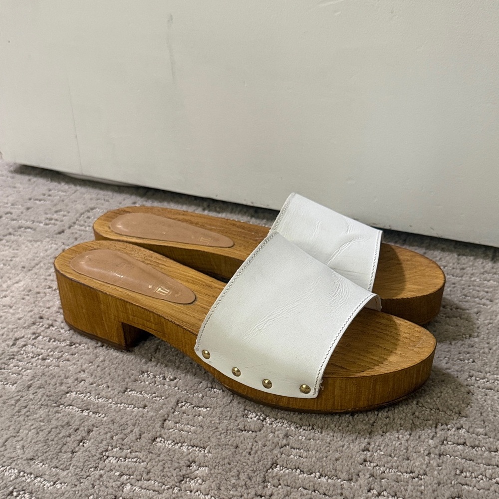 Italian made Seychelles White Leather Mules with Wooden Platform